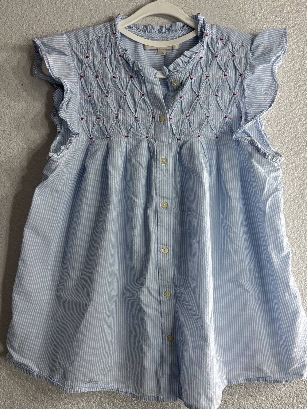 LOFT Blue PinStriped Smocked Ruffle Sleeve Top with embroidered details Woman M